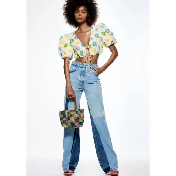 ZARA Patchwork Retro Wide Leg Denim Sz 2‎ - Picture 1 of 4